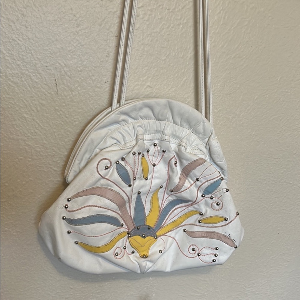 Vintage Colini White Leather Snap Close Purse Bag Strap Pastel